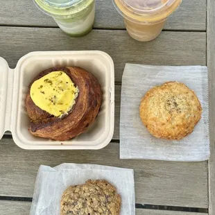 Iced jasmine matcha &amp; rose latte. Pistachio saffron croissant, gruyere scone, chai chocolate oat cookie.