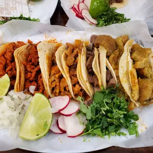 From the left to right: Al Pastor,  Buche, Lengua and Chicharon