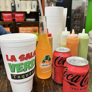 a variety of drinks on a table