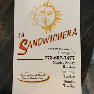 Sandwich place with address and hours.