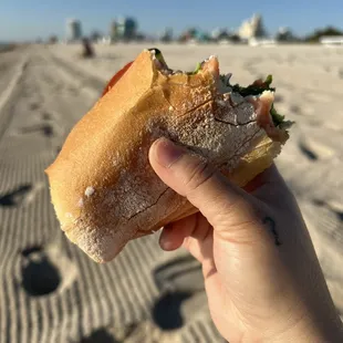 a hand holding a sandwich on the beach