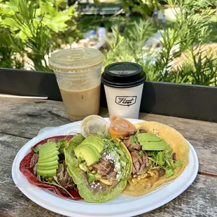 Tacos and coffee from Fleet Coffee (shared patio)