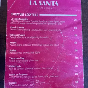 Cocktail menu