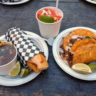 Left- torta birra Right- red tacos Center- Elote corn