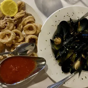 Calamari Fritti + Mussels in Garlic Wine Sauce