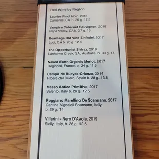 Red wine list