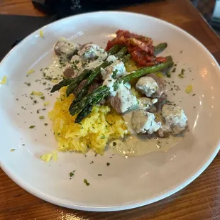 Beef Tips w/ asparagus &amp; yogurt sauce ($28)
