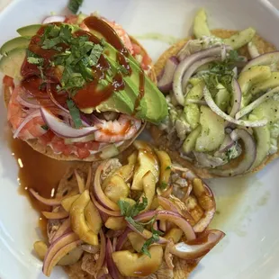 Seareinas Tostada Trio (Aguachiles Verdes, Aguachiles Rojos, and Cooked Shrimp)