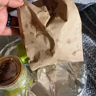 The baggie of chips, some salsas and my plate of tacos
