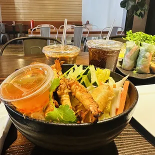 a bowl of food and drinks