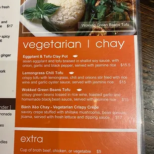 Vegetarian chay and extra menu