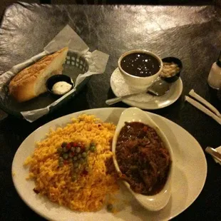 Ropa Viejà, cuban black bean soup, yellow rice &amp; bread with olive butter.