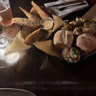 Dirty eggrolls, impossible, sliders, and loaded fries.