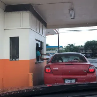 a red car at the counter