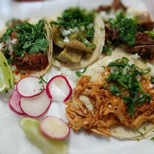 Pollo, Chicharron, Carnitas, and Barbacoa Street tacos.  So good!!