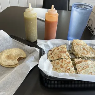 Asientos gordita on the left, piccadillo verde quesadilla on the right, all with house made tortillas. Very tasty!