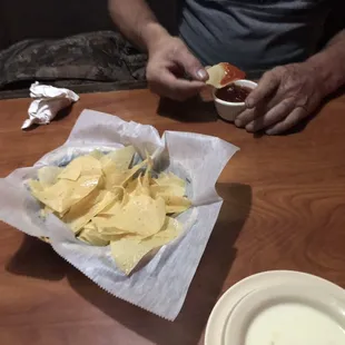 Complementary salsa and fresh cooked chips!