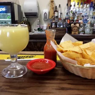 Chips and salsa and a 22 ounce frozen margarita.