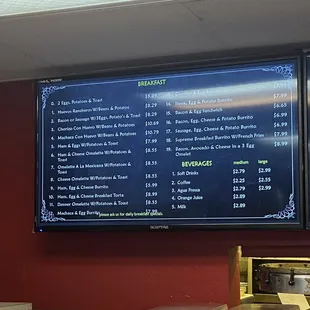 Menu - breakfast and beverages