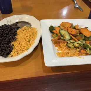 Grilled veggies. Black.    beans. Spanish rice.  All Good