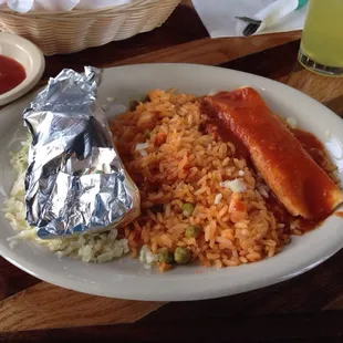 Speedy Gonzales lunch, enchilada, taco, and rice (or beans)