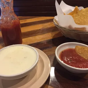 Chips salsa and cheese dip