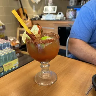 Michaelada.  It's sort of a Bloody Mary w beer.  Amazing.  And the presentation even more so.