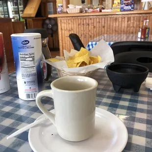 Instant coffee, with chips and salsa.