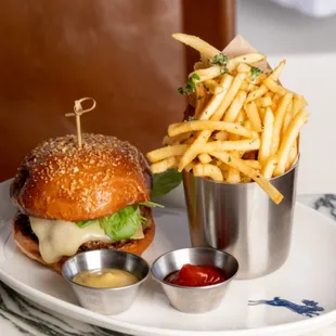 a cheeseburger and fries