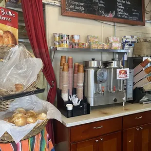 This is a photos of the famous crispy BOLLIOS, Columbian coffee and Folgers coffee.