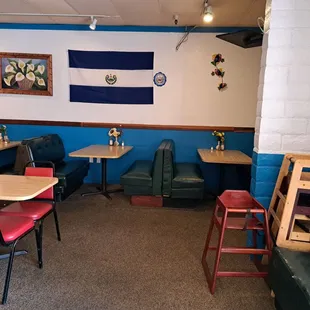 Inside restaurant. High chairs for children.