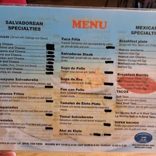 Menu - Salvadoran food in 1st 2 columns, Mexican food in 3rd column