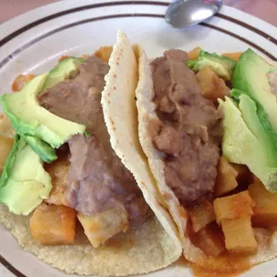 Papa ranchera, beans &amp; avocado tacos. Yummy!