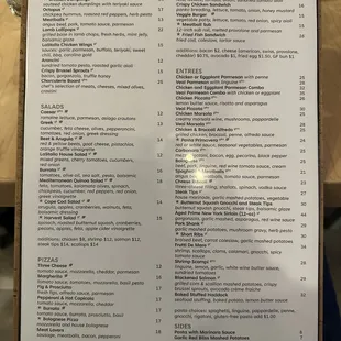 Dinner menu