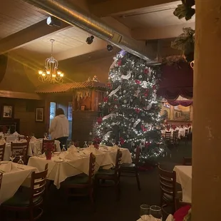 a christmas tree in a restaurant