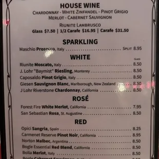 Menu of house wines