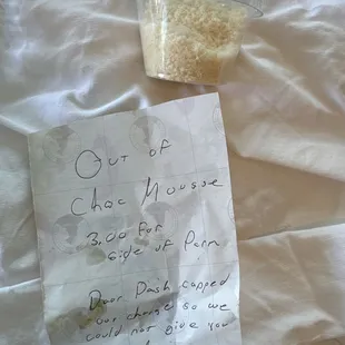 Note from the restaurant