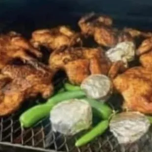 shrimp and green beans cooking on a grill