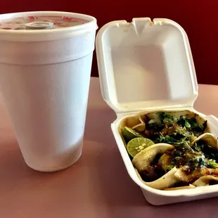 Two carne asada tacos and a large Jamaica, $6.30