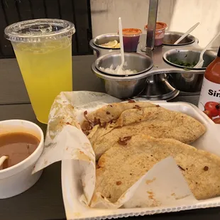 Two  (soft shell) with consommé and pineapple agua fresca.