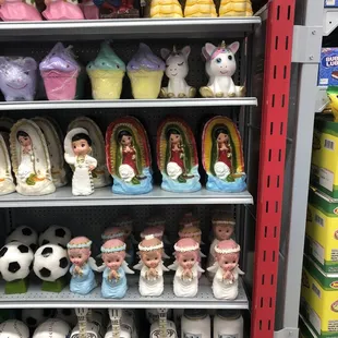 a shelf full of toys