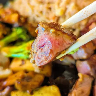 chopsticks holding a piece of meat