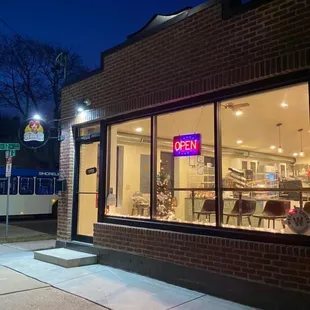 a storefront at night