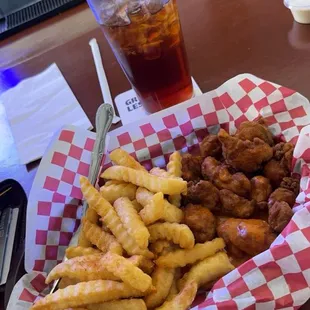 Oyster basket rolled in buffalo sauce