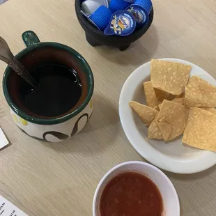 Coffee, chips, and salsa