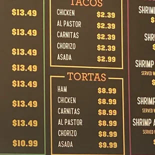 Tacos/tortas menu