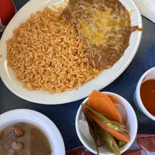Side of Rice and Beans and complimentary charro beans that the waiter brought over