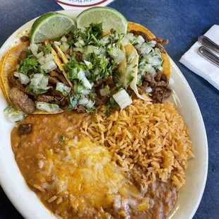 Monday special 3 street tacos with rice/ beans and a drink $8.99