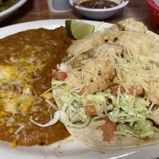 Shrimp tacos and beans