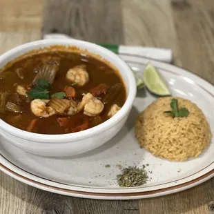 a bowl of soup and rice